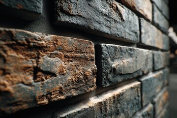 Close-up of textured black brick wall with rustic and aged details