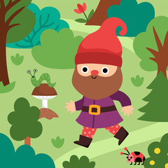 Vector square scene with dwarf going through the forest. Cute gnome country landscape. Woodland, fantasy forest background with magic creature, ladybug, caterpillar
