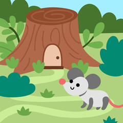 Vector square scene with mouse standing near little dwarf house shaped as tree stump. Woodland landscape with gnome home and animal. Magic forest background with fantasy cozy cottage