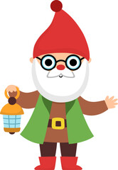 Vector dwarf icon. Magic creature clipart. Cute fairytale character. Woodland fantasy old gnome with lamp, white beard. Forest fairy tale illustration isolated on white background