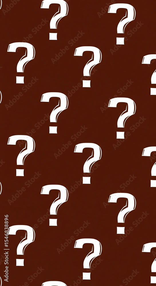 Poster Brown background with repeating white question marks, creating a pattern suggestive of mystery, inquiry, or uncertainty