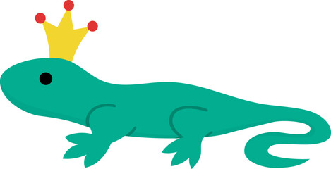 Vector green lizard with crown icon. Magic creature clipart. Cute fairytale character. Woodland fantasy animal. Forest fairy tale gecko illustration isolated on white background