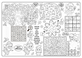 Vector black and white fairyland placemat. Woodland fairy line printable activity mat with maze, wordsearch puzzle, shadow match, find difference. Cute fairytale play mat, coloring page