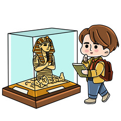Boy with pharaoh display in museum 