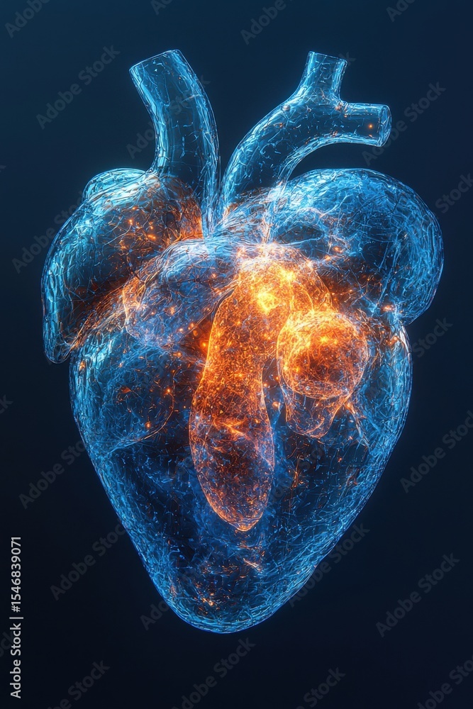 Poster digital rendering of a glowing human heart in an x-ray style visualization