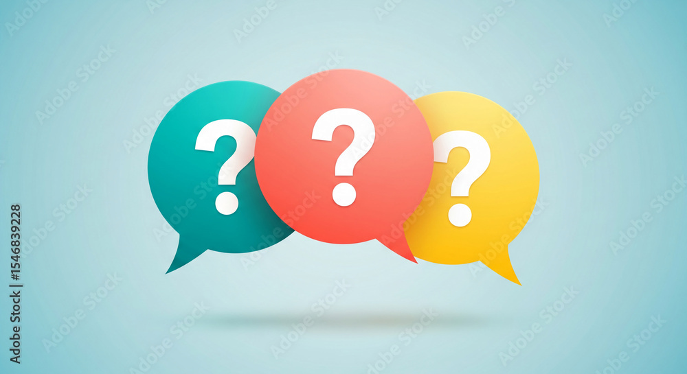 Poster three colorful speech bubbles with question marks, symbolizing questions, inquiries, or faqs, ideal 