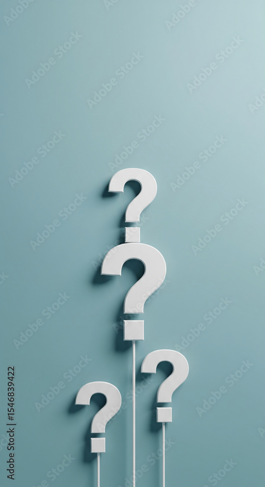 Poster three white question marks on thin sticks against a light-blue background, symbolizing inquiry, unce