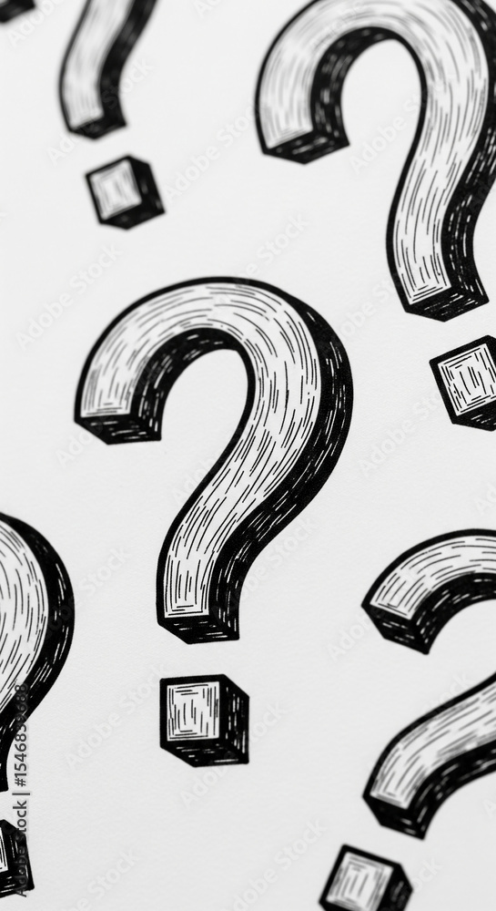 Poster close-up of repeating question marks, sketched in black ink on white background, symbolizing inquiry