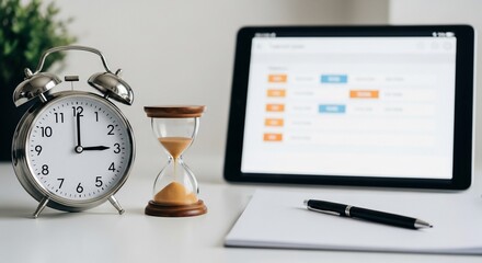 Time management concept with alarm clock, hourglass, tablet and stationery