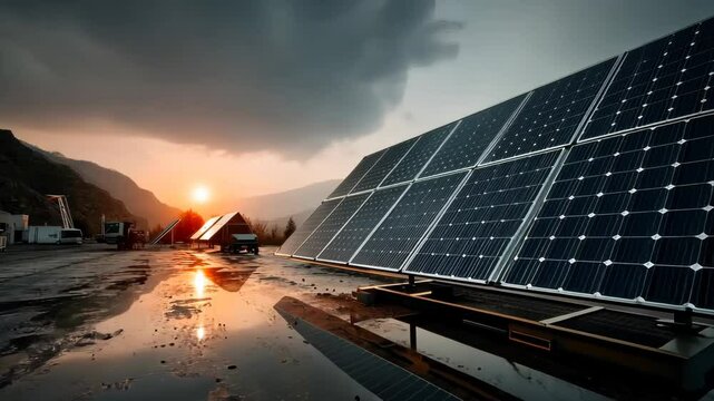 Solar panels on a wet tiled surface reflect the golden light of a sunset, framed by trees and a glass-walled building