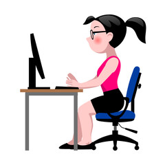 Funny cartoon businesswoman sitting at the computer isolated on white. Drawing in flat style. Vector illustration