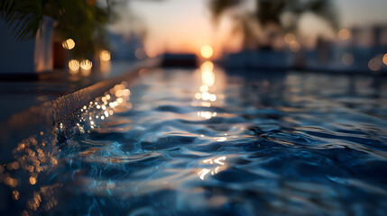Reflections on calm swimming pool water at sunset with palm trees  