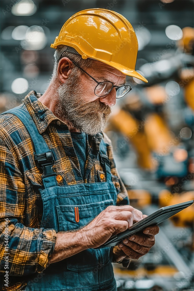 Poster male worker in overalls using tablet in a factory setting