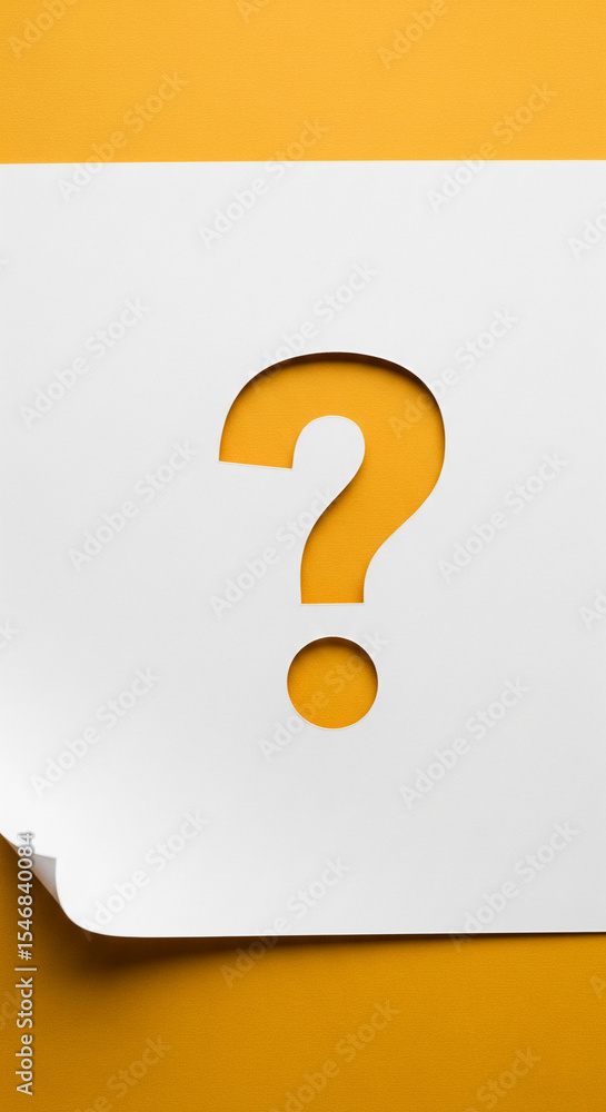 Poster white paper sheet with question mark cutout, yellow background showing through, creating intrigue an