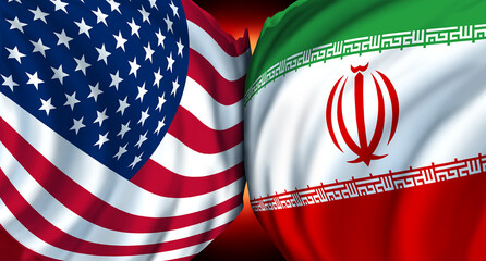 Obraz premium Iran USA Conflict as United States and Iranian military symbol as a middle east crisis with Washington government and Tehranforeign policy with the US ad Iranians war with two flags symbols fighting.