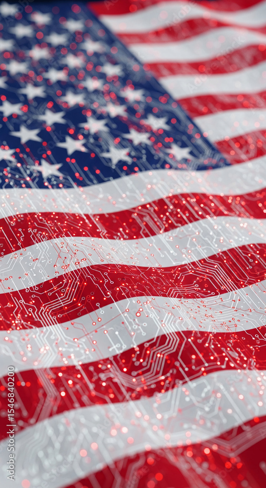 Poster american flag draped with circuit board pattern, symbolizing technological advancement and innovatio