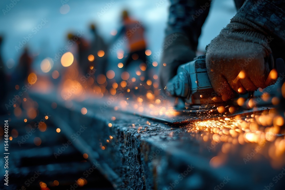 Poster close-up of a worker using a grinder with sparks flying