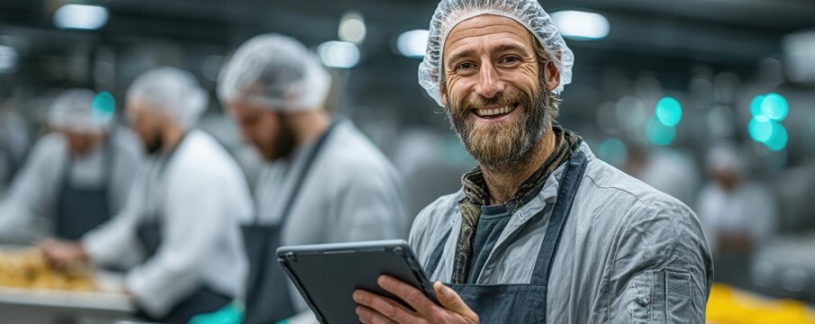 Smiling worker in modern food factory with digital tablet in production area