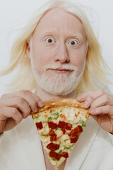 Surprised man holding a slice of pizza with toppings, white background, light colors, joyful...