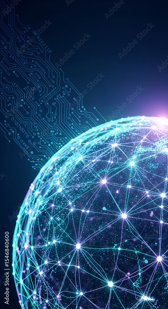 Aufkleber Global network visualization, glowing nodes and lines connecting across a sphere, representing digital connectivity, communication, and global interrelation