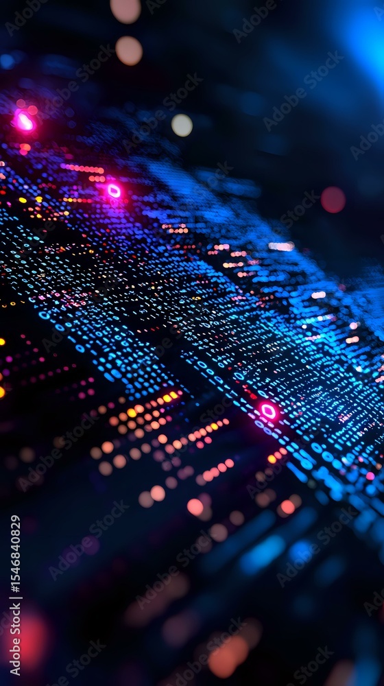 Poster abstract digital data visualization with glowing blue and pink lights creating dynamic pattern again