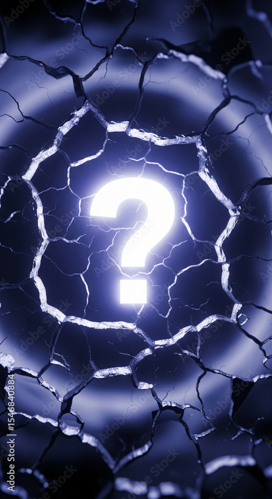 Poster glowing question mark on cracked, dark blue surface, creating a mysterious, abstract image symbolizi