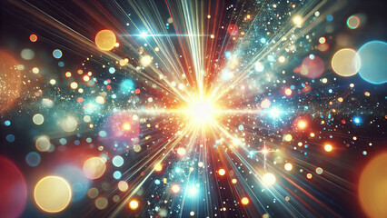 Obraz premium Bright golden burst of light with multicolored bokeh and rays on dark background, festive abstract energy explosion for celebration, magic moment or cosmic illumination concept