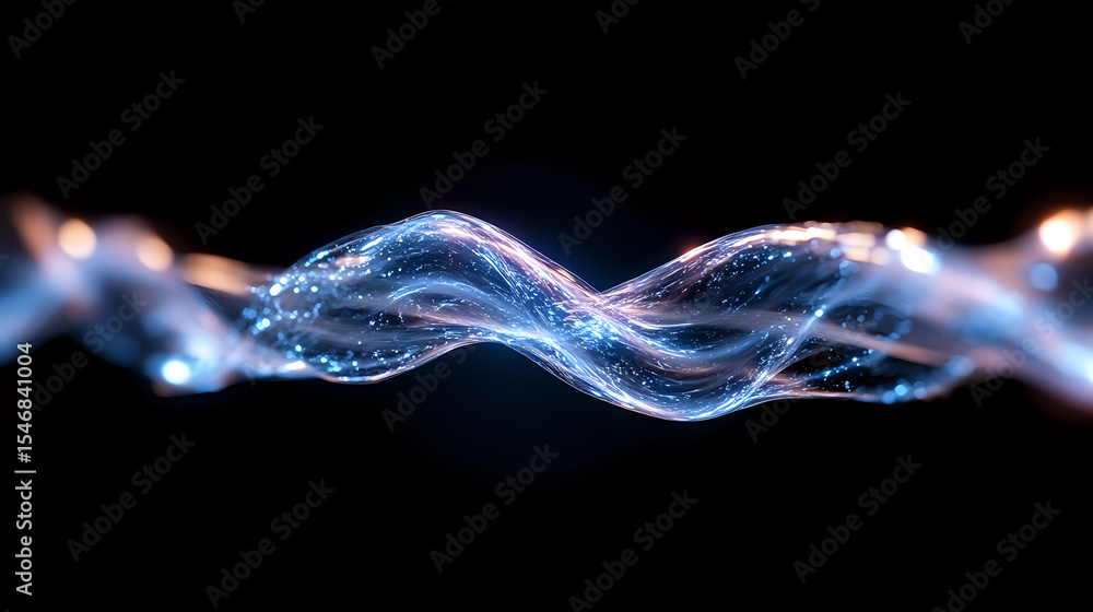 Poster glowing blue and pink energy wave with light particles flowing on black background, abstract dynamic
