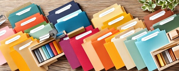 Multi-colored file folders and paper organized neatly on a wooden desk