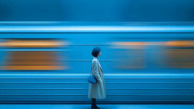 Woman in coat stands still as a train rushes past at an urban subway station during early evening - Powered by Adobe