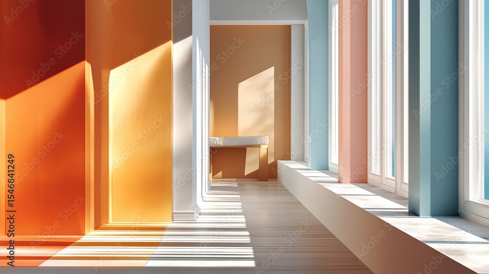 Poster sunlight streaming through colorful windows creating vivid patterns on the walls
