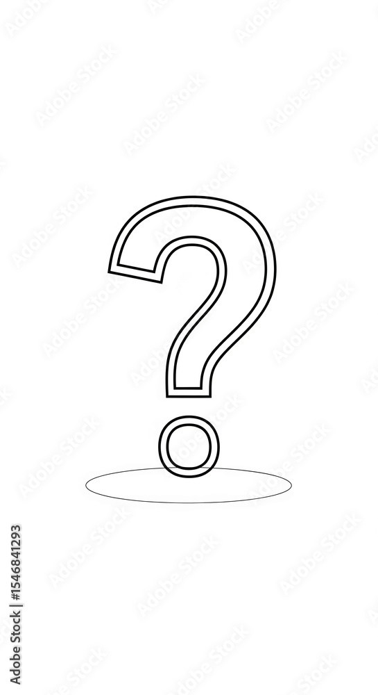 Aufkleber bold outline question mark on a simple white background, resting on a subtle circular base, symboliz