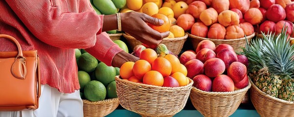Person selecting fresh oranges at a colorful market fruit display with baskets