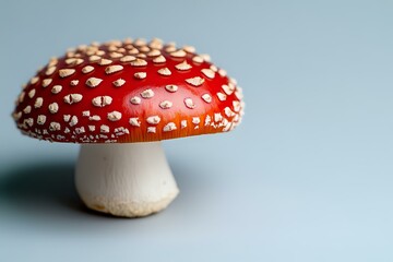 Obraz premium Red and white spotted mushroom amanita muscaria macro photography against light blue background, showing detailed texture of fungus cap and stem.