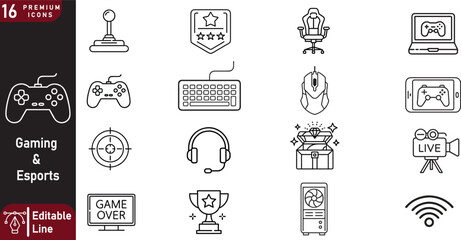 16 Monoline Vector Icons of Gaming and Esports &ndash; Minimal Line Art of Game Controllers, Headsets, PCs, Streaming Gear, RPG & FPS Symbols, Competitive Elements for UI, Print, and Digital Media Proj