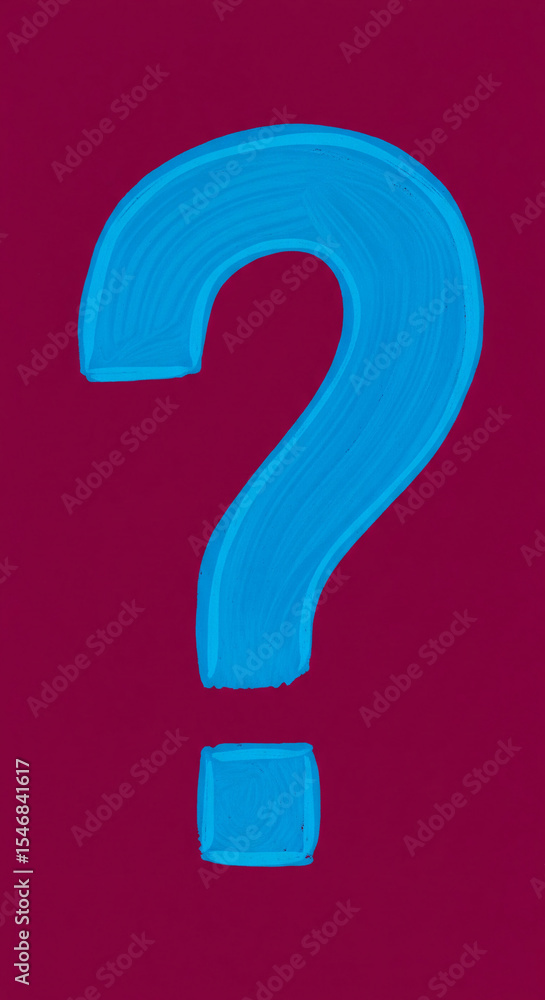 Poster blue painted question mark on maroon background, symbolizing inquiry, uncertainty, or a need for inf