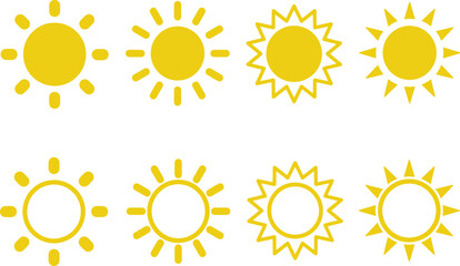 Icon set of sun sunlight summer weather sunny day solar energy sunbeam concept . Pixel perfect icons, editable stroke.