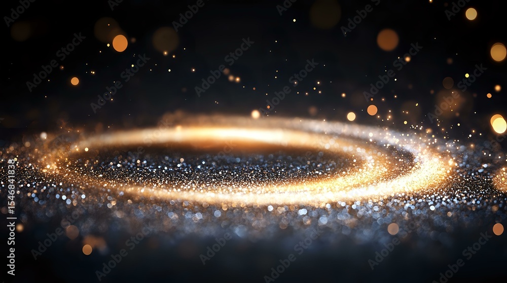 Poster magical glowing spiral of golden light and sparkles swirling on dark background with bokeh effect an