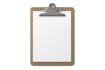 Clipboard holding a blank sheet of white paper on a transparent background, ideal for showcasing designs or messages