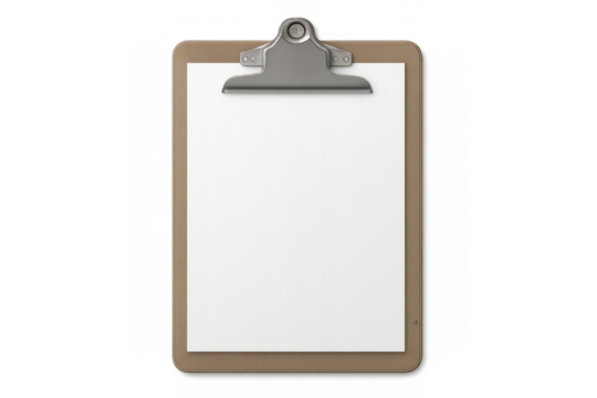 Clipboard holding a blank sheet of white paper on a transparent background, ideal for showcasing designs or messages