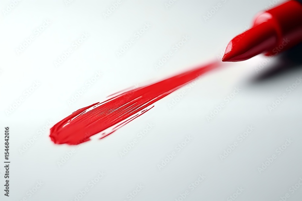 Poster red paint brush stroke on white surface creates dynamic diagonal composition with selective focus an
