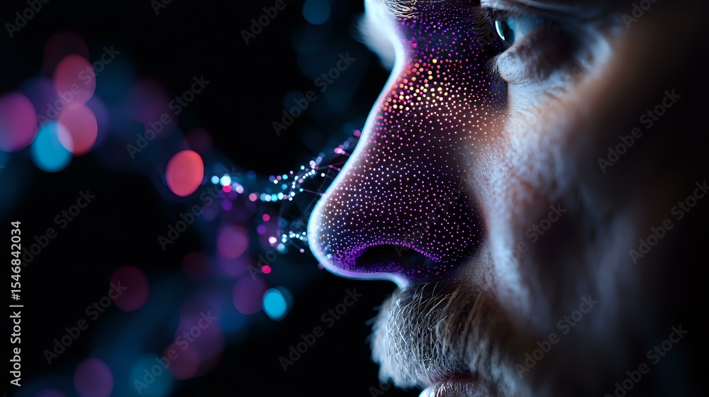 Poster close up profile view of nose with glowing purple dots and particles emerging in dark atmosphere wit