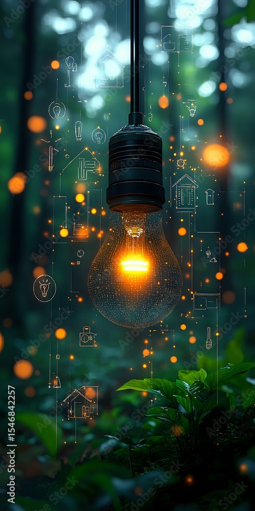 Poster glowing lightbulb in magical forest setting with digital smart home icons and bokeh lights, surround