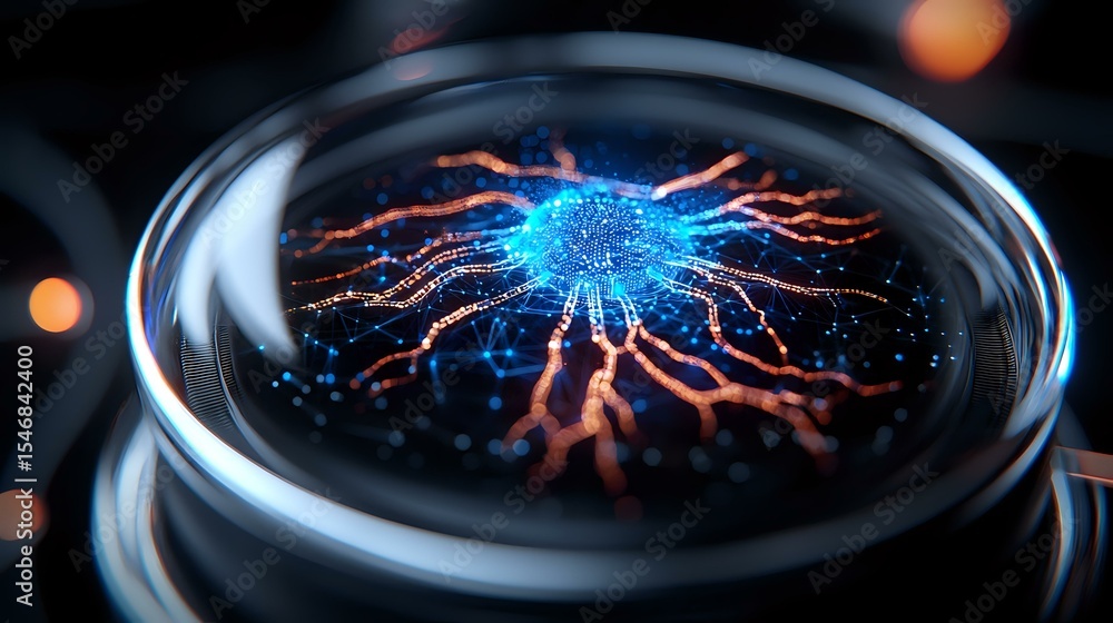 Poster glowing blue and orange neural network visualization in glass sphere against dark background with bo