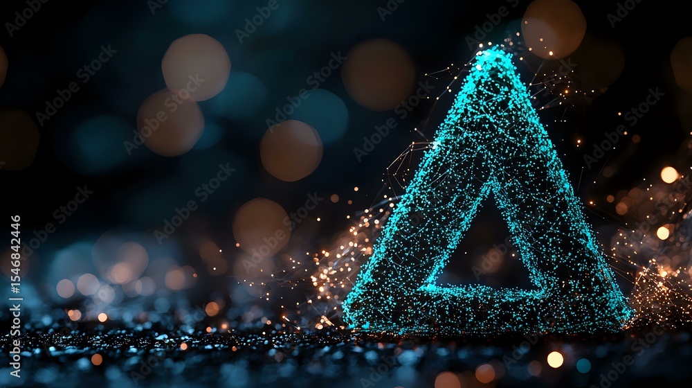 Poster glowing blue triangle shape formed by luminous particles with sparkling light effects and bokeh on d
