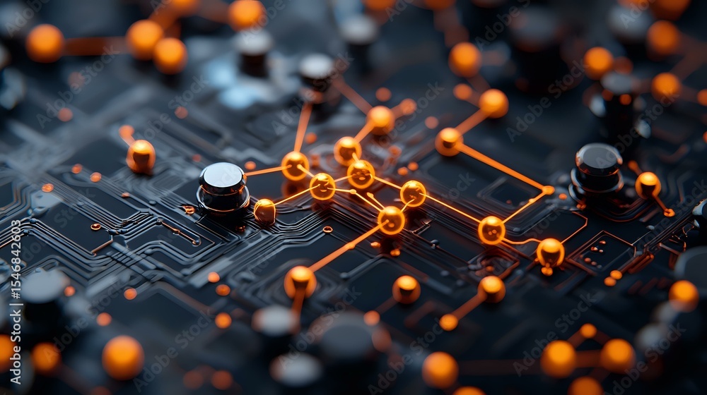 Poster glowing orange network connections on dark circuit board background with selective focus creates fut