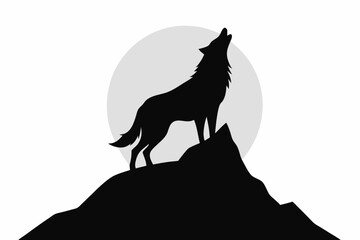 Black horse and wolf howling at the sunset are striking animal silhouettes