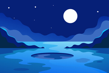 Moonlight over the dark ocean, a tranquil night sky with stars and cloud reflections on the blue water