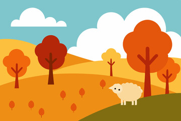 Cute cartoon autumn nature landscape with trees and birds on green hills and blue sky