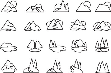 Thin line icon set of mountain, landscape, peaks, hill, icon, nature, scenery, outdoors. Pixel perfect icons, editable stroke